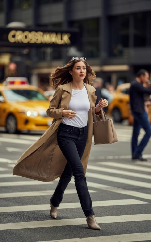 Model with long brunette hair in soft waves, walking briskly across a crosswalk in an urban downtown setting. She wears slim black jeans, white tee, camel trench coat flowing behind her, and pointed-toe ankle boots. A structured tote in hand, sunglasses pushed up on her head. Confident expression, natural city lighting.