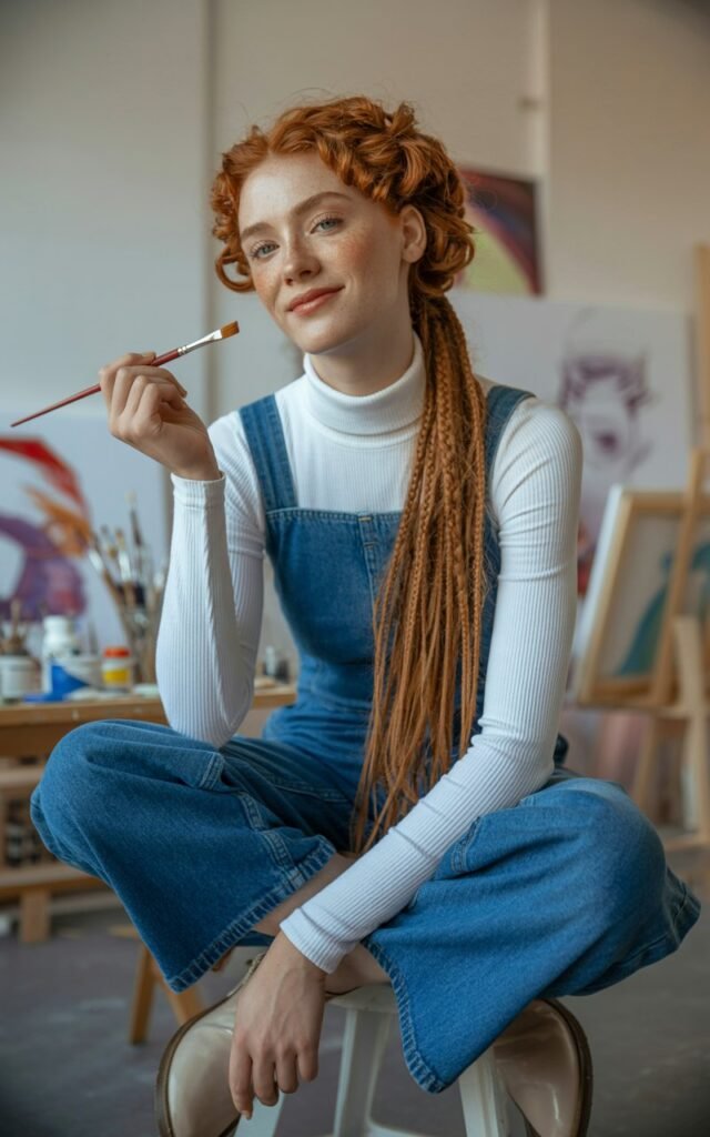 Model with long ginger hair in braids, wearing a white ribbed turtleneck under a blue denim overall dress with ankle boots. Shot at an art studio with warm indoor lighting. She’s holding a paintbrush, smiling slightly with playful, artsy energy.