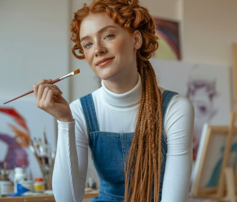 Model with long ginger hair in braids, wearing a white ribbed turtleneck under a blue denim overall dress with ankle boots. Shot at an art studio with warm indoor lighting. She’s holding a paintbrush, smiling slightly with playful, artsy energy.