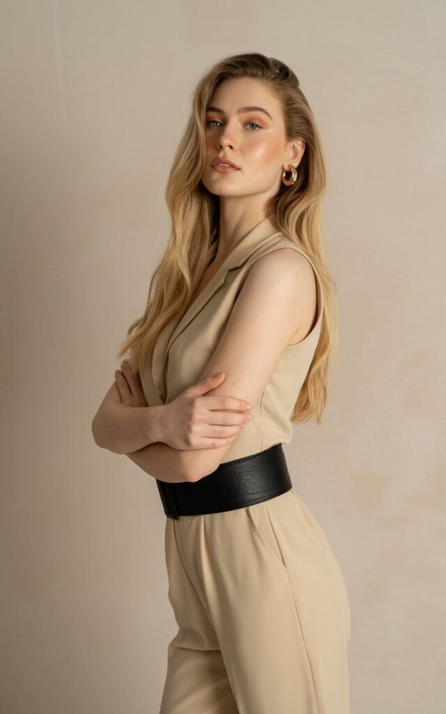 Model with long sandy blonde hair, posing in studio with clean beige backdrop. She wears a beige tailored jumpsuit with a black structured belt, pointed heels, and gold hoops. Standing tall, arms crossed lightly, expression poised and polished.