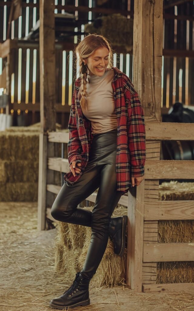 Model with loose braid, shot in a rustic outdoor barn setting at golden hour. She wears black faux leather leggings, a fitted tee, layered with a red plaid flannel shirt left unbuttoned. Combat boots complete the look. She’s leaning against a wooden post, playful grin, natural candid vibe.