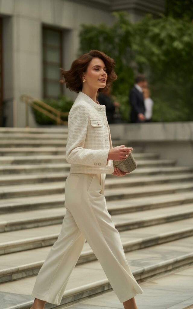 Model with medium brown wavy hair styled in a loose updo. She wears cream wide-leg trousers and a cropped tweed jacket with pearl buttons, accessorized with a structured mini bag. Setting marble steps of a government building, natural daylight. Pose walking up steps mid-stride, head turned slightly, expression confident yet approachable.