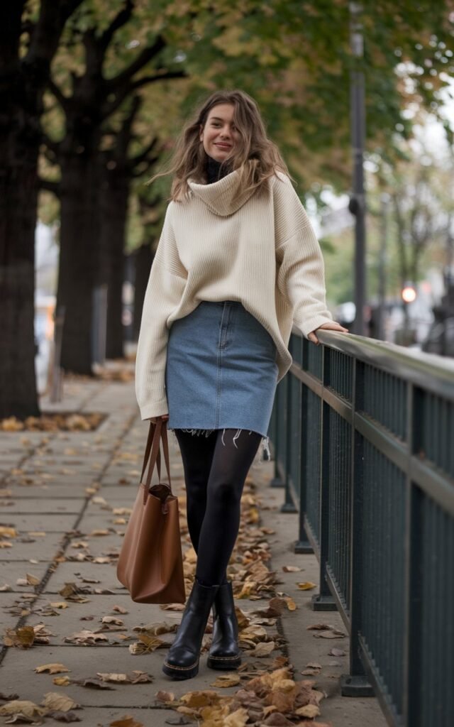 Model with messy waves, standing on a tree-lined sidewalk covered in fallen leaves. She wears a mid-wash denim skirt with black tights, an oversized cream turtleneck tucked slightly, and chunky ankle boots. She carries a slouchy tote bag. Leaning casually against a railing, soft candid smile.