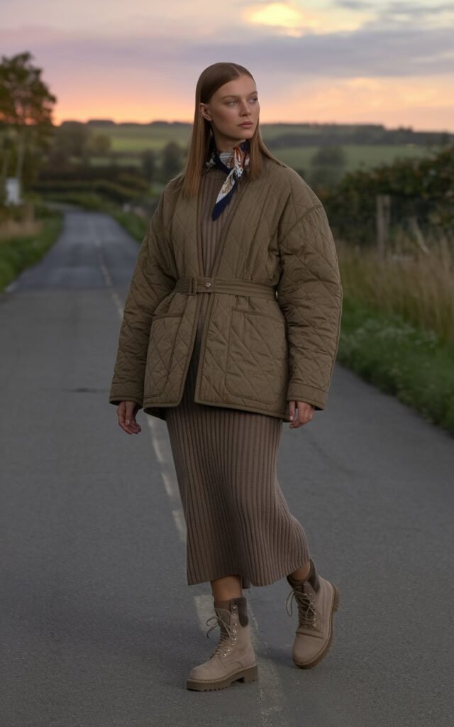 Model with neat straight hair, standing in a quiet countryside road at sunset. She wears a khaki quilted jacket layered over a ribbed knit midi dress, belted at the waist, with lace-up boots. A patterned scarf adds warmth. She walks slowly, glancing sideways, serene and elegant mood.