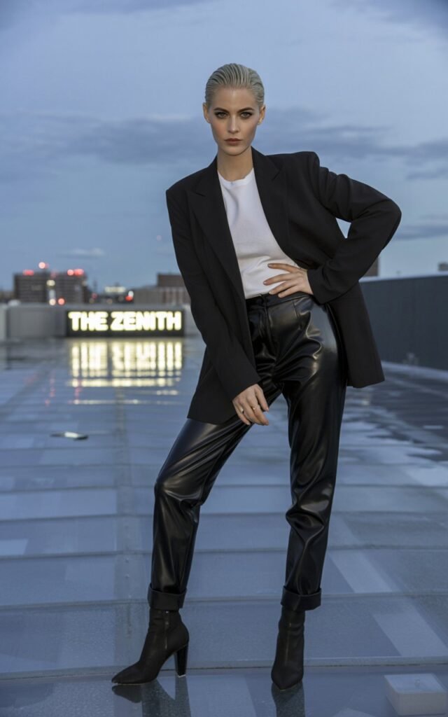 Model with platinum blonde hair slicked back, posing on an urban rooftop at dusk. Black faux leather trousers, crisp white tee, oversized structured blazer, and ankle boots. Standing with one hand on her hip, fierce gaze into the camera.