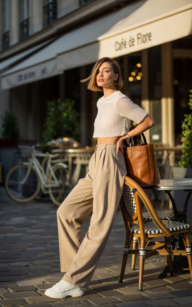 Model with sharp bob haircut, posing on an outdoor café terrace at golden hour. She wears high-waisted beige wide-leg trousers paired with a cropped white knit sweater, finished with chunky sneakers. A leather tote sits beside her. Standing confidently with one hand on her hip, chin slightly tilted, editorial vibe.