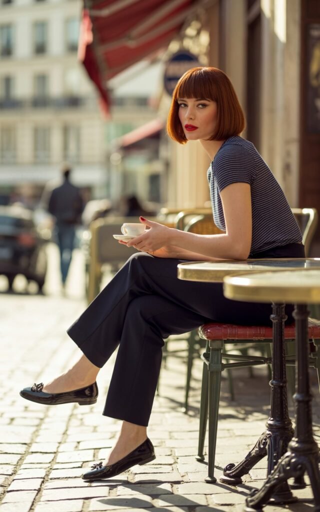 Model with short chestnut bob, photographed in a Parisian-style street café. She wears black slacks with a navy-and-white striped tee, black ballet flats, and red lipstick. Sitting casually with coffee, legs crossed, playful smirk.