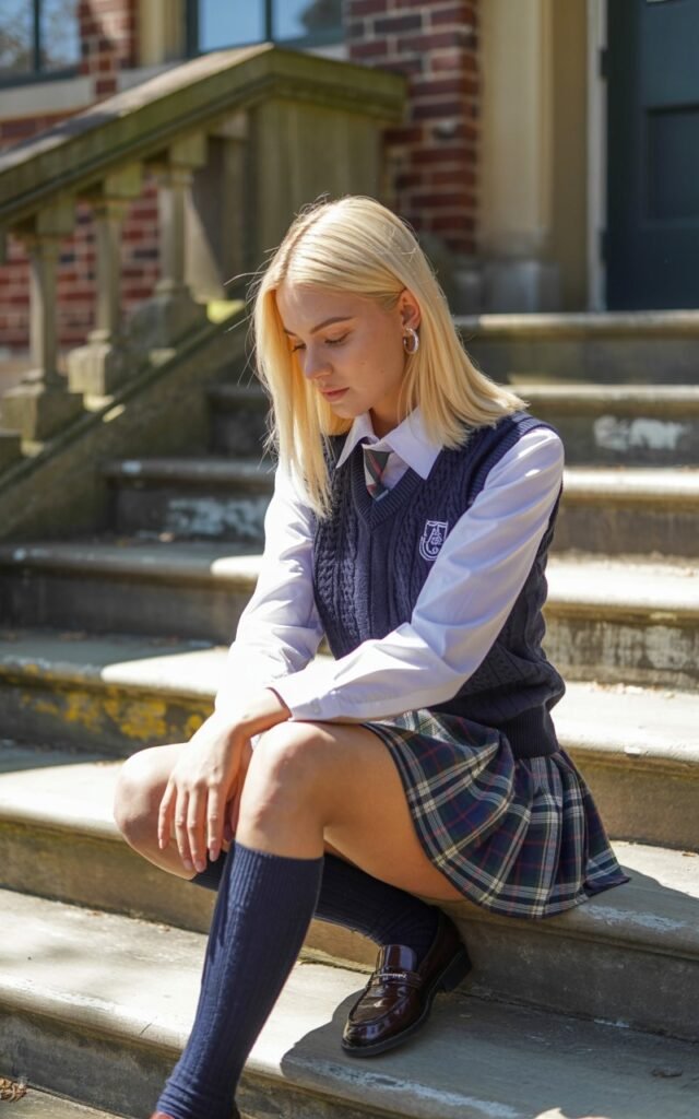 Model with silky straight blonde hair, wearing a navy knit vest over a crisp collared shirt, plaid skirt, and knee-high socks with loafers. Shot on school steps during daylight. She’s sitting with her legs crossed, looking down thoughtfully, preppy and polished.