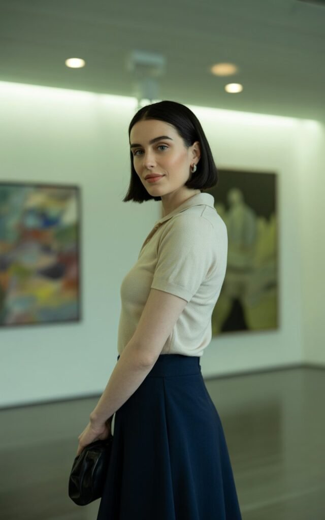 Model with sleek black bob, standing in a modern art gallery with soft natural light. She wears a fitted cream knit polo tucked into a navy A-line skirt, black ankle boots, and minimalist jewelry. Standing thoughtfully, slight smile, sophisticated vibe.