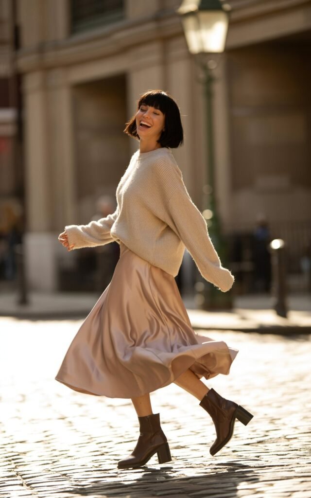 Model with sleek black bob, styled in a champagne satin midi skirt with a chunky cream knit sweater and ankle boots. Shot outdoors in a cobblestone street during golden hour. She’s twirling slightly, laughing, feminine yet cozy.