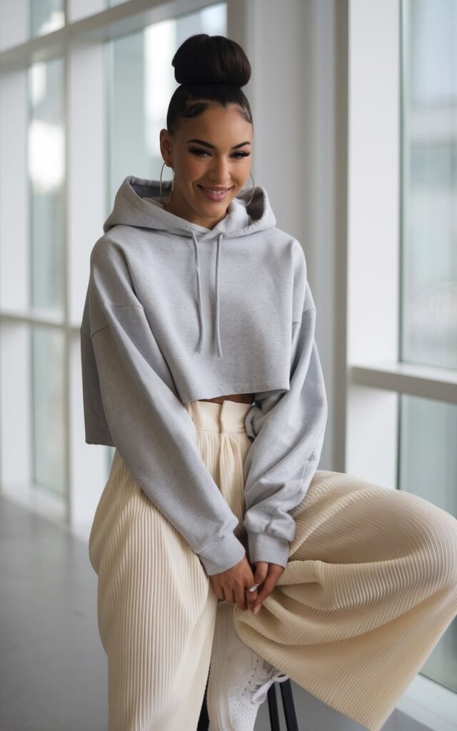Model with sleek high bun, photographed in a modern indoor studio with bright window light. She wears cream pleated trousers paired with a gray cropped hoodie and clean sneakers. Hoop earrings add flair. She sits casually on a stool, one leg bent, smirking at the camera.