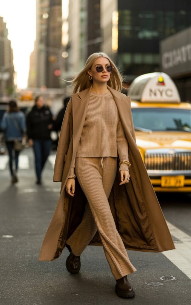 Model with sleek long blonde hair, walking confidently down a modern urban street during golden hour. She wears a full matching beige knit set layered with a long camel maxi coat, chunky boots, and oversized sunglasses. Minimal jewelry. Coat billows slightly as she strides forward, chic editorial energy.
