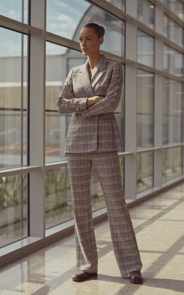 Model with sleek pulled-back bun, photographed in a modern office lobby with natural daylight streaming through glass windows. She wears a fitted plaid blazer with straight-leg trousers and polished loafers. Minimalist leather handbag at her side. Standing tall with arms crossed, projecting chic authority.