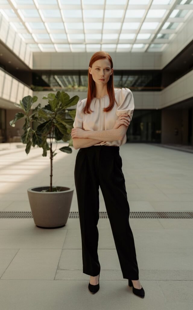 Model with sleek straight auburn hair. Outfit pale blush chiffon blouse with puff sleeves tucked into high-waist black trousers, black pumps. Setting modern open-air atrium with skylight, daylight filtering in. Pose standing with arms crossed lightly, expression calm and authoritative.