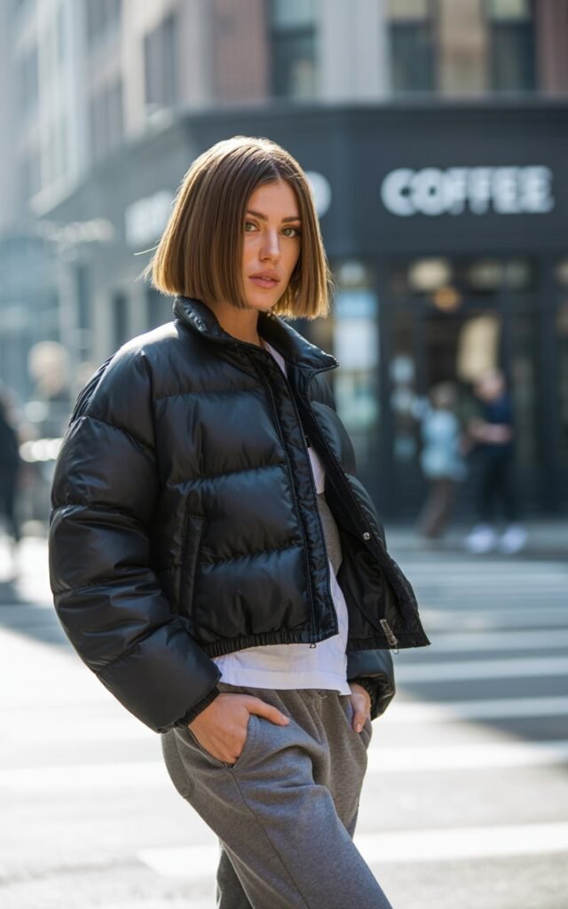 Model with slick shoulder-length bob, wearing a cropped black puffer jacket with grey joggers and sneakers. Shot on a cold morning city street in soft daylight. She’s walking confidently with hands tucked in pockets, neutral face, giving ultimate cozy-girl vibes.