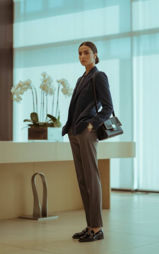 Model with slicked-back brunette bun, photographed in a corporate lobby with natural light. She wears slim charcoal trousers with a navy double-breasted blazer, polished loafers, and a leather satchel. Standing with hands in pockets, expression serious and sharp.