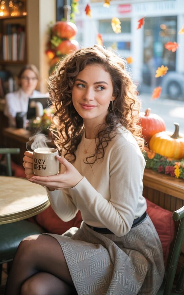 Model with soft brunette curls, posing in a cozy café with autumn décor. She wears a gray plaid skirt with a fitted cream sweater, black tights, and ankle boots. Sitting by the window with coffee cup, expression soft and warm.