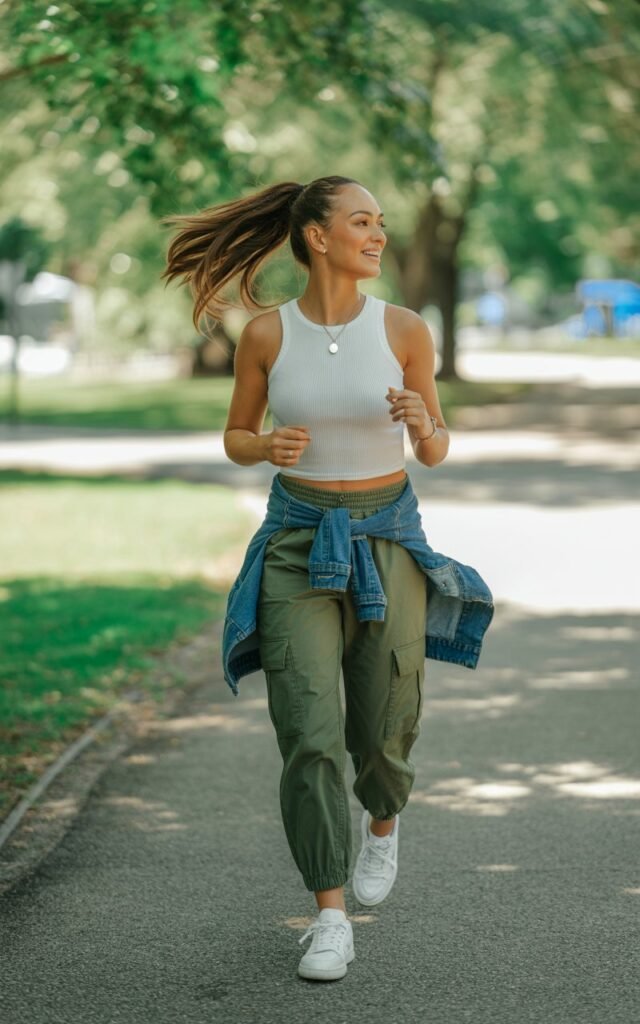 Model with sporty ponytail, standing in a sunlit park. She wears olive cargo pants cinched at the waist, a fitted ribbed white knit top tucked in, and white sneakers. A denim jacket tied loosely around her waist. She’s caught mid-walk, hair swinging, looking candid and relaxed.