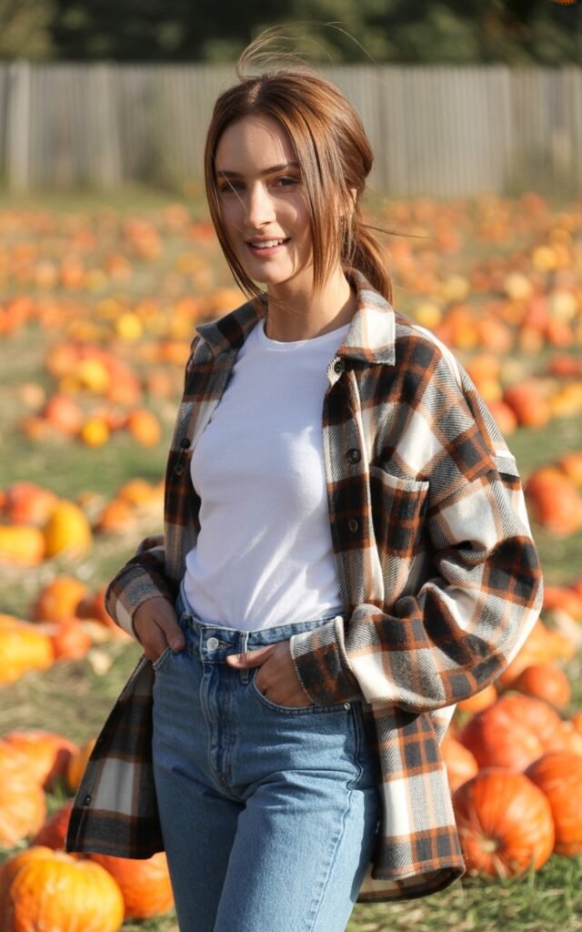 Model with straight chestnut hair in a loose ponytail, standing in a pumpkin patch during daylight. She wears an oversized plaid shacket over a white fitted tee, tucked into high-waisted blue jeans with white sneakers. Hands in pockets, casual stance, slight breeze moving her hair. Natural, candid smile.