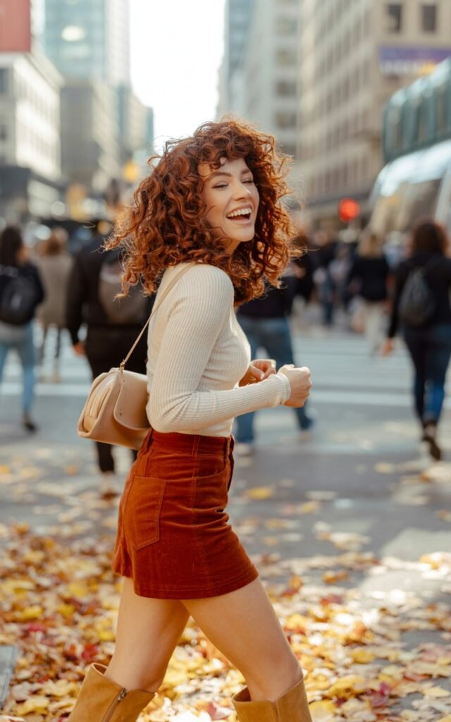 Model with voluminous curls, standing on a city street with colorful leaves scattered around. She wears a rust corduroy mini skirt, fitted cream sweater tucked in, and tan suede knee-high boots. A small satchel bag hangs from her shoulder. She’s mid-laugh, looking back over her shoulder while walking.