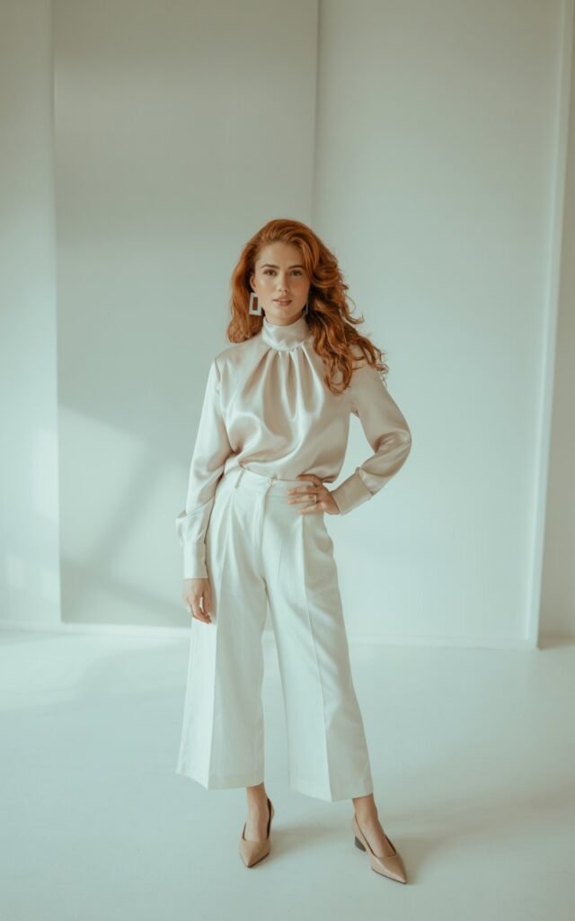 Model with wavy auburn hair, standing in a minimalist studio with soft white light. She wears white wide-leg cropped pants with a high-neck silk blouse tucked in, pointed nude flats, and bold earrings. Posed with one hand on hip, confident and approachable.