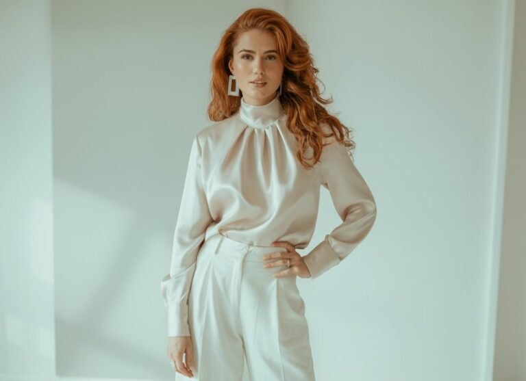 Model with wavy auburn hair, standing in a minimalist studio with soft white light. She wears white wide-leg cropped pants with a high-neck silk blouse tucked in, pointed nude flats, and bold earrings. Posed with one hand on hip, confident and approachable.