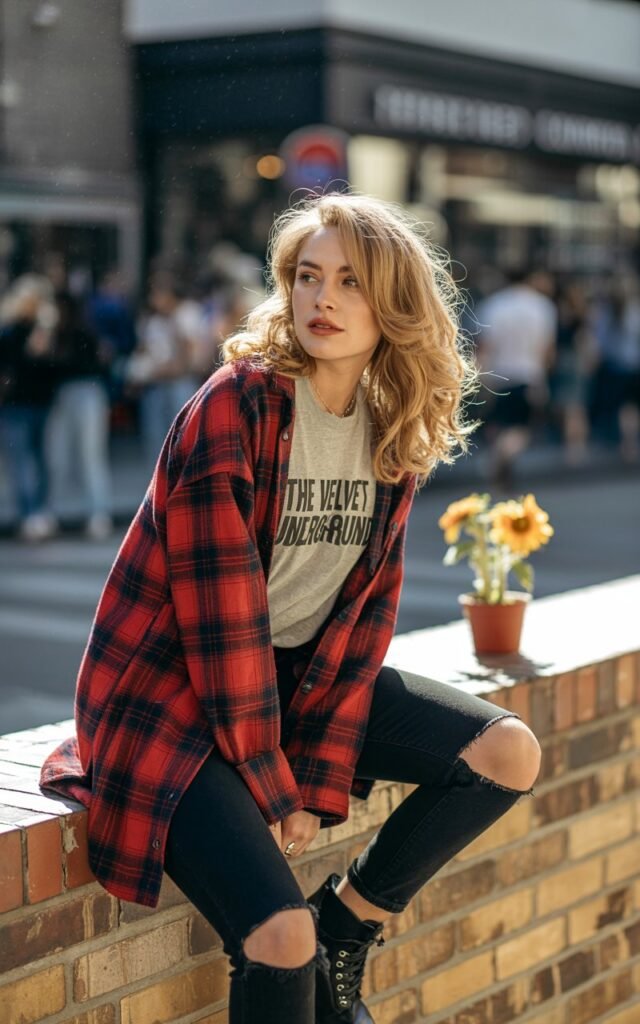 Model with wavy blonde hair in loose layers, wearing an oversized red plaid flannel over a vintage band tee, ripped black jeans, and chunky boots. Shot in front of a trendy coffee shop at golden hour. She’s leaning against a wall, one leg bent, looking off-camera with a laid-back, cool-girl expression.