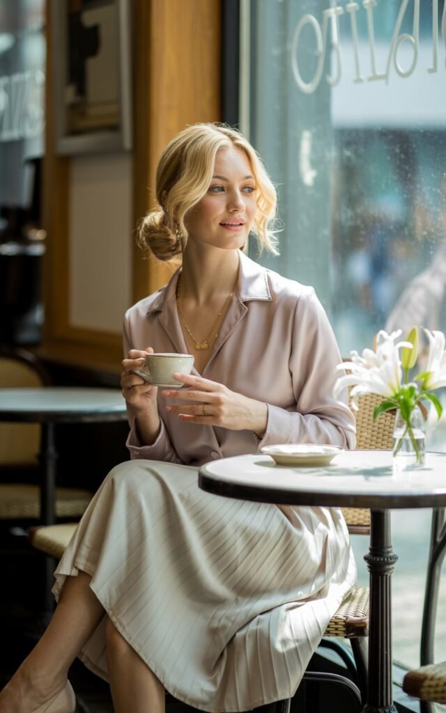 Model with wavy blonde hair tied in a low bun, photographed in a chic café interior with soft morning window light. She wears a blush pink silk blouse tucked into a cream pleated midi skirt, nude pumps, and a dainty necklace. Sitting gracefully with coffee in hand, expression warm and approachable.