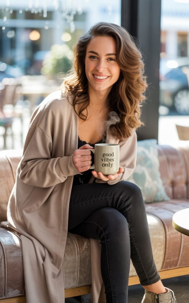 Model with wavy brunette hair, wearing a soft beige longline cardigan, black skinny jeans, and ankle boots. Shot in a cozy indoor coffee shop with soft window light. She’s seated on a couch with a coffee cup, relaxed and smiling softly.