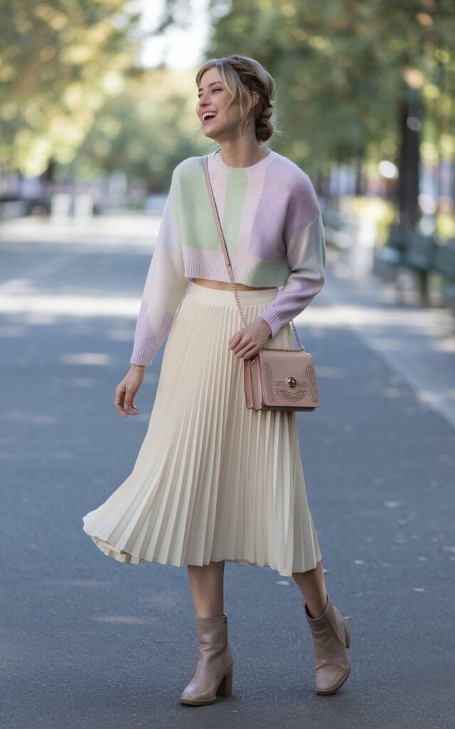 Natural daylight in a quiet city park. The model wears a cream pleated midi skirt with a cropped pastel sweater, ankle boots, and a crossbody bag. Hair styled softly, laughing candidly as she looks away.
