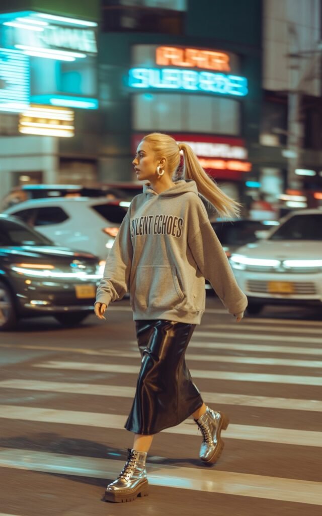 Outdoor urban alleyway. Model with auburn hair in messy waves wears an oversized plaid shirt dress over ripped black tights and combat boots. Lighting is natural, gritty, and moody. She stands against a brick wall with one knee bent, looking away as if caught mid-thought.