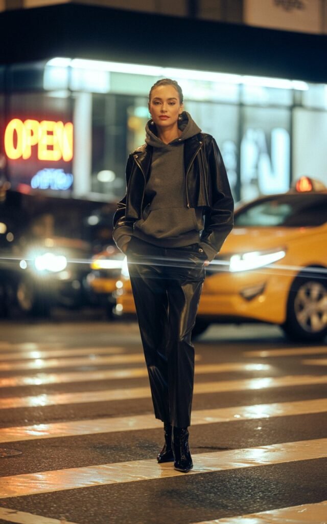 Nighttime New York City crosswalk, model wearing a charcoal hoodie under a black cropped leather jacket, sleek black trousers, heeled boots, cinematic streetlight glow with taxi blur in background.