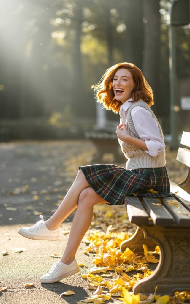 Playful outdoor photo of a model with shoulder-length auburn hair, wearing a plaid skater skirt, white button-up, and a knitted vest layered over. White sneakers complete the look. Setting sunlit park bench in autumn with leaves falling. She sits casually on the bench, laughing mid-conversation, one foot kicked up playfully.
