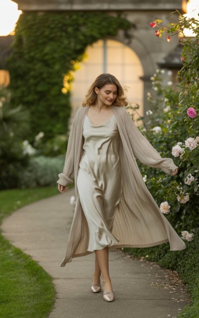 Romantic garden pathway during golden hour. Model wears a silky ivory slip dress layered with a long beige cardigan, styled with nude ballet flats. Hair down, lightly curled. Pose walking gracefully down path, cardigan flowing, expression soft and dreamy.