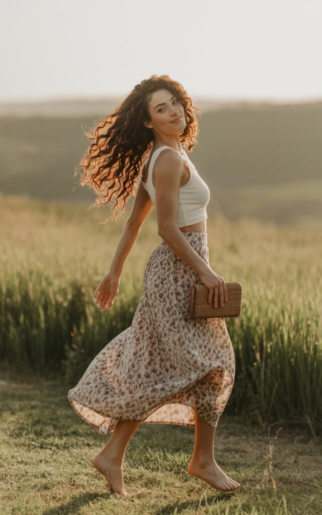 Romantic golden hour photo of a tall brunette with loose curls, wearing a flowing floral maxi skirt, cropped white tank top, and tan strappy sandals. She’s walking barefoot along a grassy field with tall wildflowers, clutch in hand. Natural sunlight creates a warm glow, and she looks over her shoulder with a relaxed, dreamy expression.