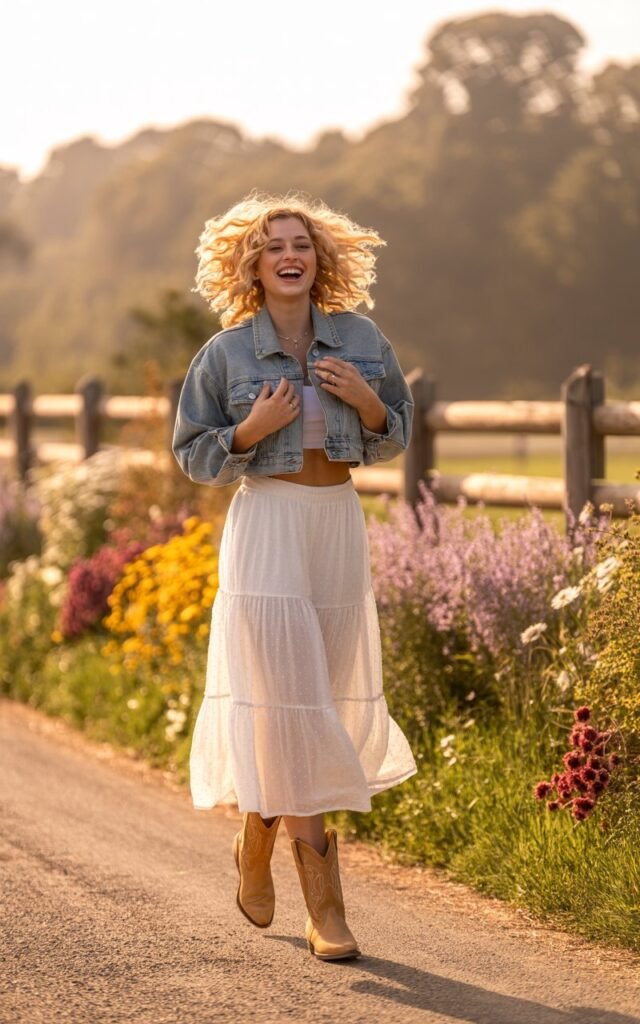 Romantic outdoor shot of a blonde with soft curls, wearing a white tiered midi skirt, cropped light-wash denim jacket, and tan cowboy boots. Setting: flower-lined country road during golden hour. She’s walking barefoot with boots , laughing freely, wind blowing through her hair.