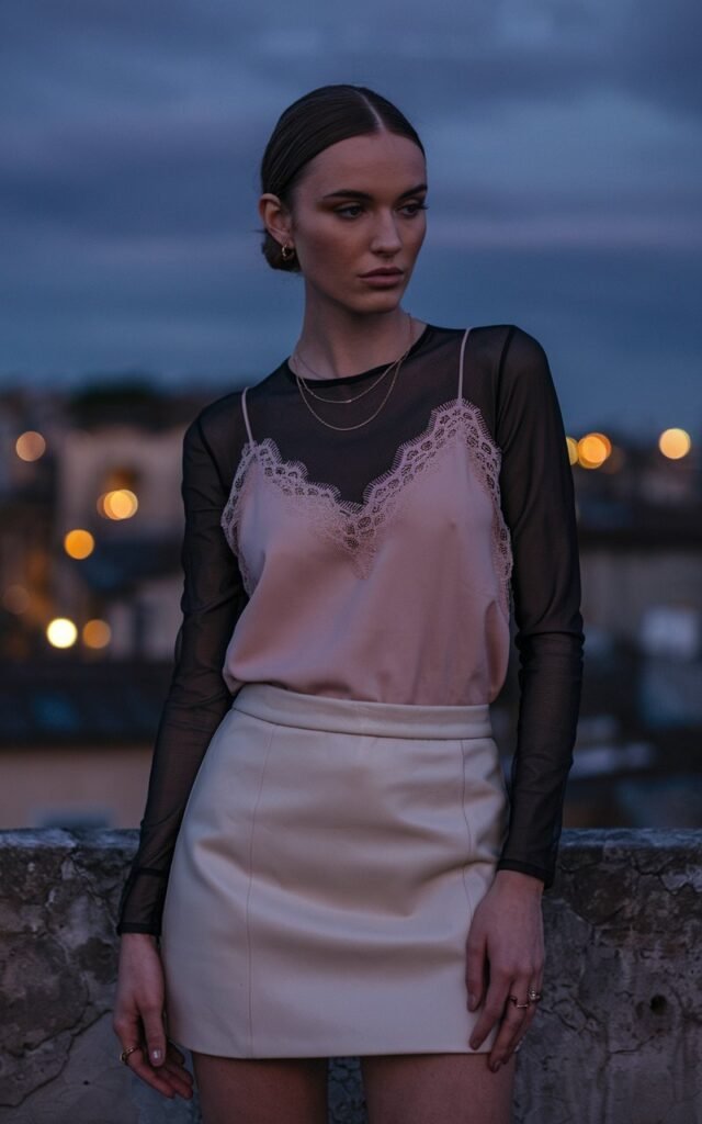 Romantic rooftop evening in Rome, model with sleek hair in a low bun, wearing a blush lace-trim cami layered over a sheer black mesh top, styled with high-waisted mini skirt and delicate gold jewelry, moody twilight sky with glowing city lights.
