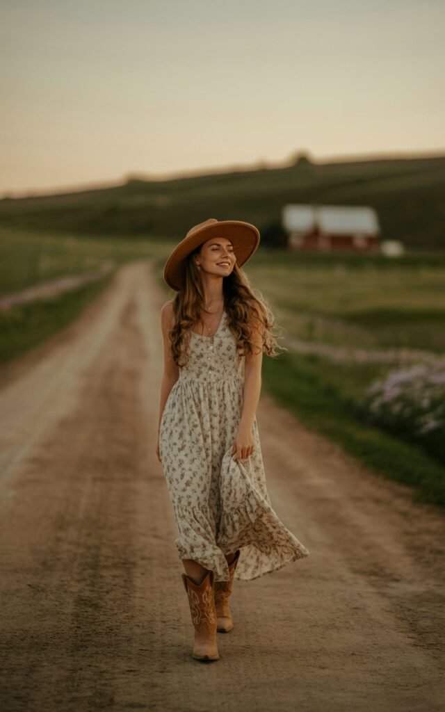 Rural countryside road at golden hour. The model wears a flowy floral maxi dress with statement cowboy boots, styled with a wide-brim hat. Hair flowing naturally, expression serene as she walks down the road with confidence.
