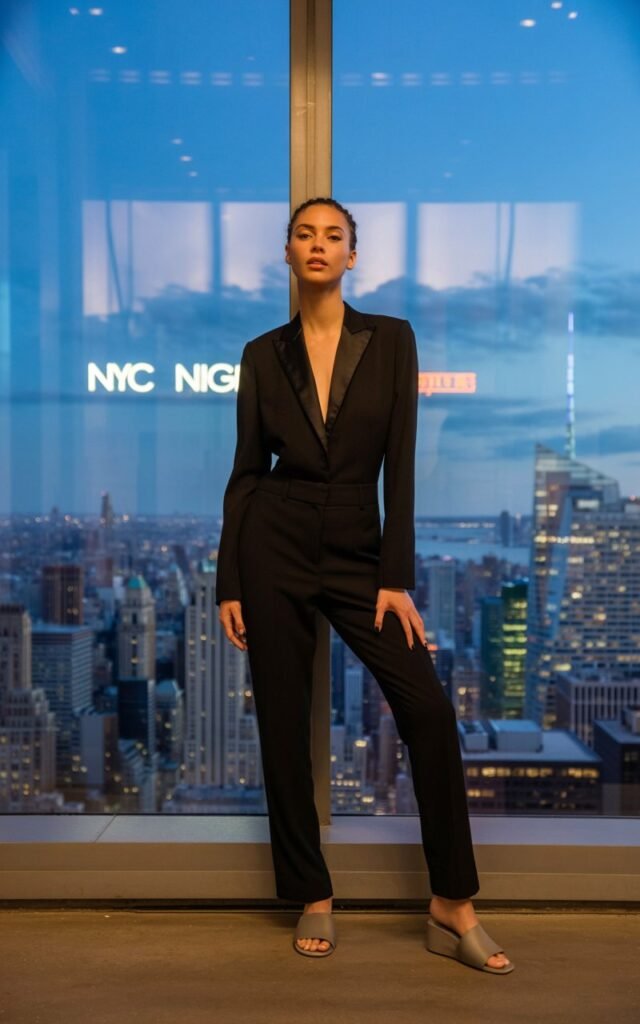 Set in a sleek, high-rise NYC penthouse with floor-to-ceiling windows, a striking model poses confidently in a structured black jumpsuit and matte slides. The skyline glows behind her as city lights flicker to life. The scene is bold and high-powered with an ultra-modern, editorial flair.