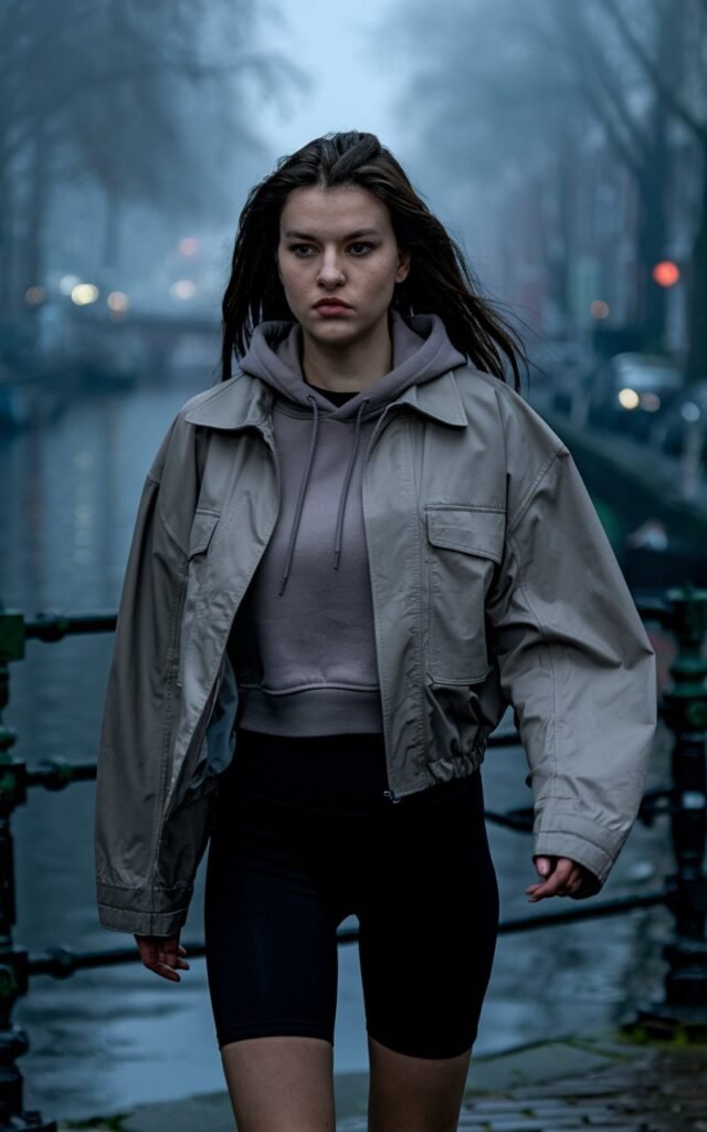 Set in the foggy streets of an early morning Amsterdam canal, a brunette model with chiseled features walks briskly in a sleek taupe utility jacket layered over a cropped hoodie and black biker shorts. The light is cool and moody. The look is urban, athletic, and ultra-modern.