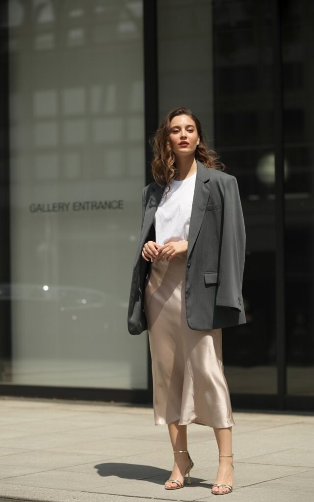 Shot in natural daylight outside an art gallery. The model wears a silky slip skirt with a plain tee tucked in, layered with an oversized blazer draped over her shoulders. Strappy heels, hair in loose waves, expression chic and editorial.