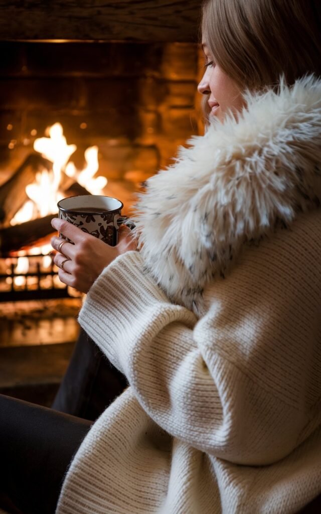 Snowy alpine chalet in Switzerland, model by a fireplace wearing a cozy cream cardigan with an oversized white faux fur collar, mug of hot cocoa in hand, soft golden firelight creating a cozy glow.