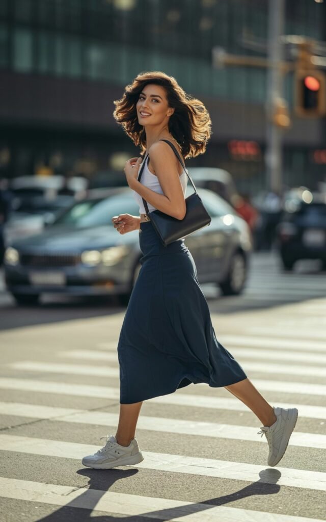 Sporty editorial photo of a model with dark blonde hair in loose waves, styled in a navy midi skirt, cropped white tank top, chunky sneakers, and crossbody bag. Location bright city crosswalk with morning sunlight. She’s mid-step, looking back over her shoulder with a playful grin.