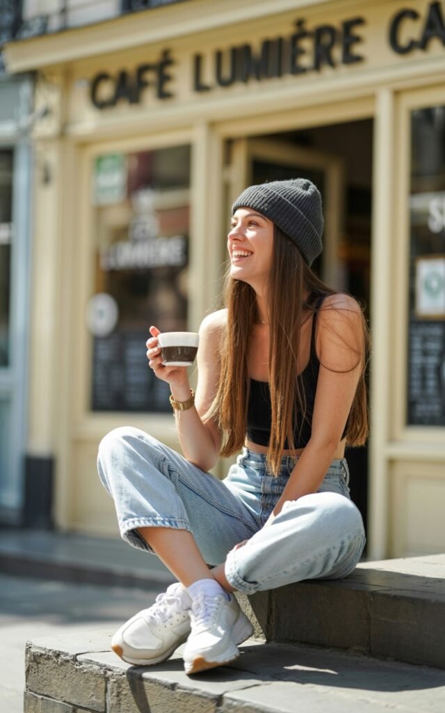 Dimly lit bar setting. Blonde model with bold eyeliner wears a black fishnet long-sleeve under a vintage graphic tank, paired with ripped skinny jeans and lace-up boots. She leans against the bar counter with arms resting casually, expression cool and confident.