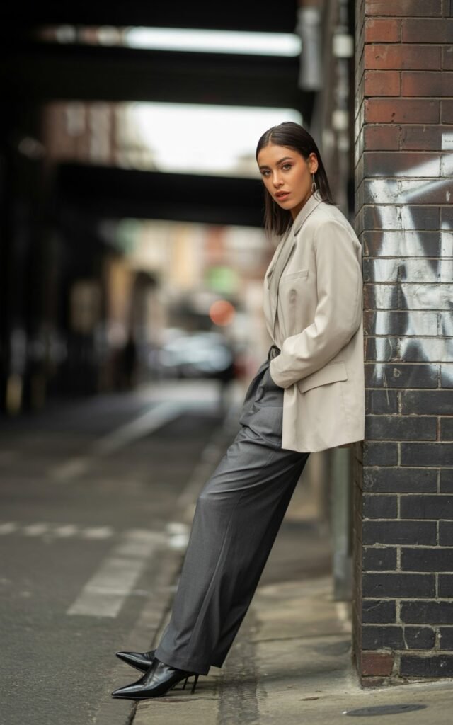 Street-style editorial in urban alley. Outfit oversized neutral boxy blazer paired with relaxed trousers and pointed boots. Hair sleek, makeup polished. Pose standing with one leg crossed over the other, leaning against wall, confident stare into camera.