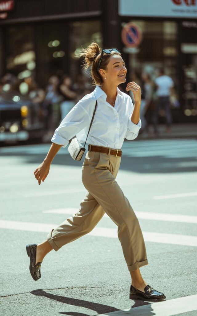 Street-style photo outdoors in full daylight. Model wears oversized boxy white shirt tucked into khaki trousers, paired with loafers. Accessories brown leather belt, crossbody bag. Hair in messy bun, sunglasses perched on head. Pose walking across street mid-step, candid vibe.