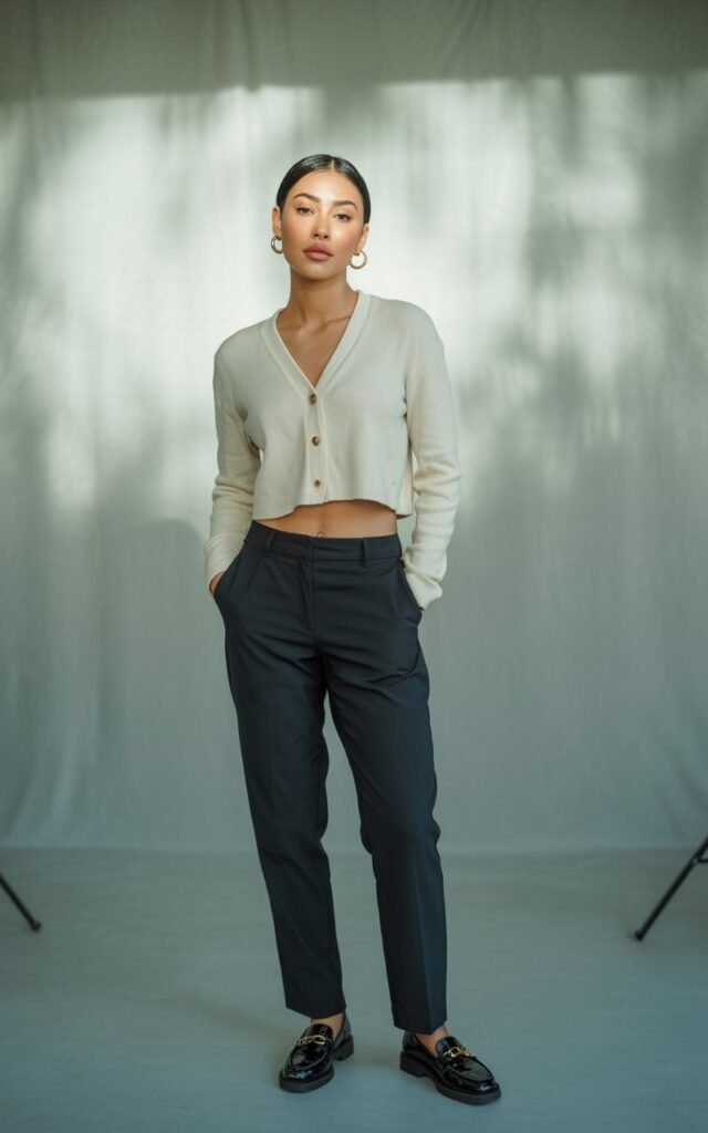 Studio background with soft grey backdrop and controlled lighting. Model wears a cropped cream cardigan buttoned halfway, paired with slim tailored black trousers and black loafers. Minimal gold jewelry. Hair is sleek in a short bob. Pose standing with hands in pockets, looking poised and sharp.