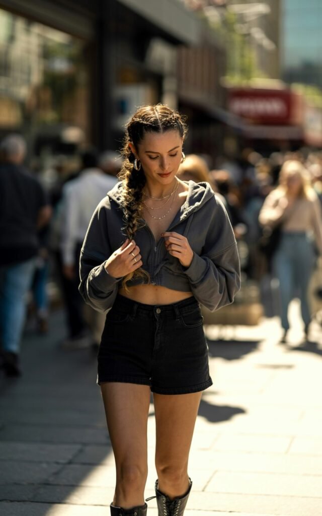 Sunlit city sidewalk. Brunette with braided hair wears high-waisted black shorts, cropped gray hoodie, and lace-up black boots. Accessories include layered necklaces and hoop earrings. She’s mid-walk, one hand fixing her braid, sunlight bouncing off her skin.