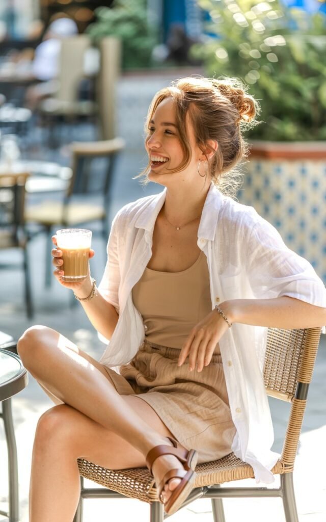 Sunny outdoor café corner. Model wears beige linen shorts with a loose white overshirt layered over a tank, styled with tan sandals. Hair in a loose bun with flyaways. Pose sitting on chair with iced latte, candid laugh. Natural sunlight highlights fabric texture.