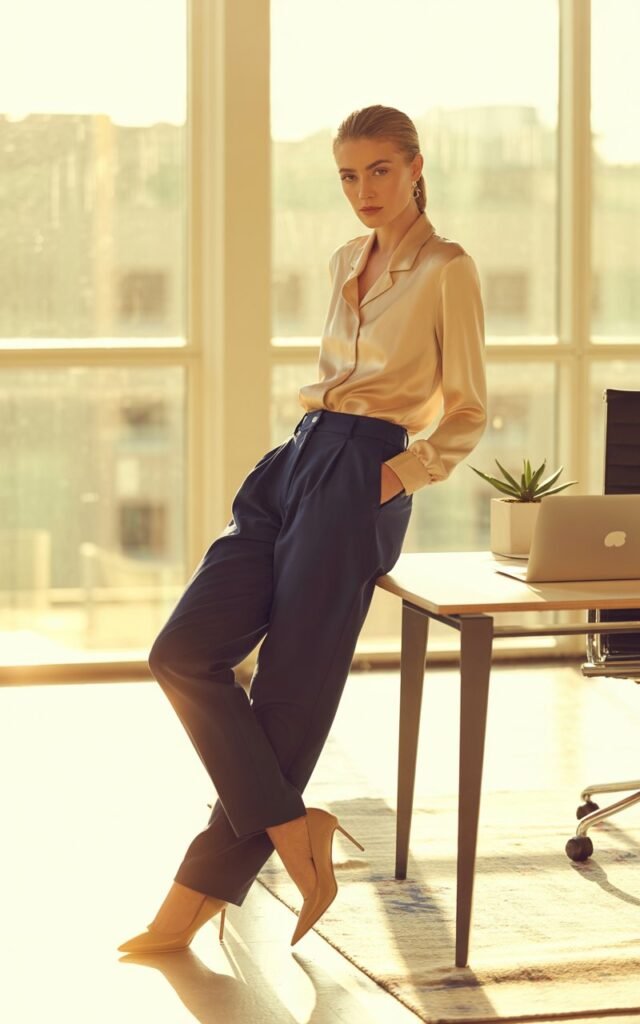 Tall, fit model with blonde straight hair tucked behind her ears. She wears high-waisted navy trousers with a tucked cream silk blouse and pointed nude pumps. Captured indoors in a modern office with large windows letting in golden afternoon light. She’s leaning casually against a desk with one hand in her pocket, looking directly at the camera with a calm, professional expression.